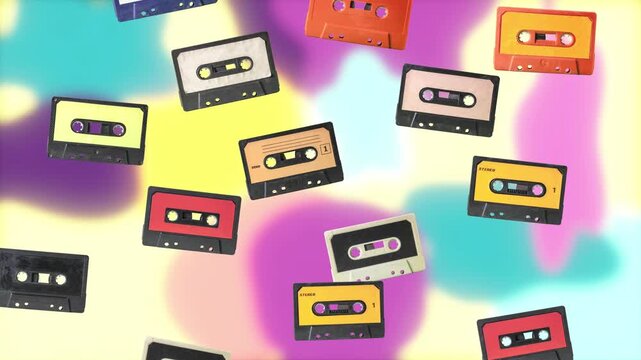 Colorful cassette tapes drift across a psychedelic lava lamp backdrop of purple, teal, and yellow blobs. Retro nineties mixtape aesthetic with playful motion for music and nostalgia themes.