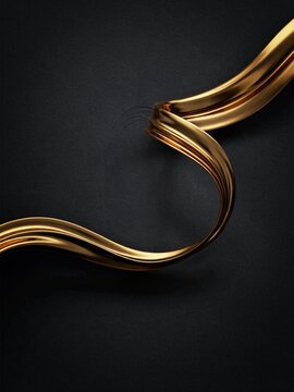 luxurious golden metallic ribbon curve on dark black textured background with elegant copy space