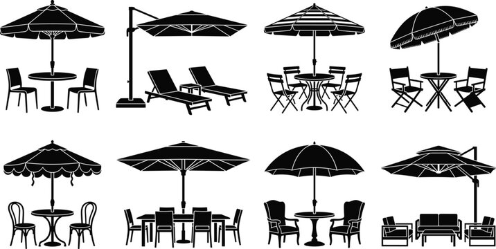 Set of black silhouettes showing outdoor patio furniture with umbrellas isolated on a white background