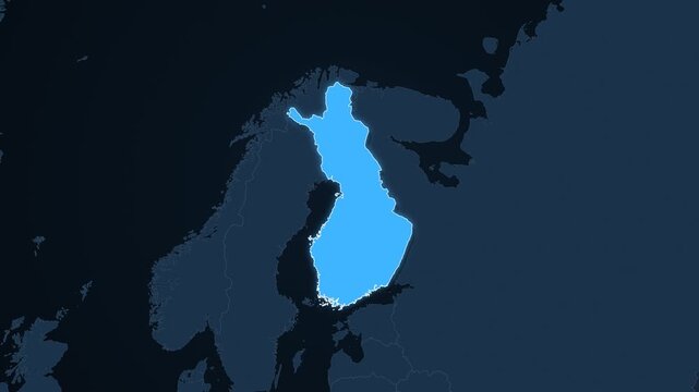 Finland highlighted on a map of Europe with glow