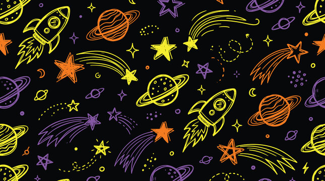Seamless space pattern featuring hand drawn rockets, planets, stars, and comets in bright colors on a black background, for kids fabric, and wallpaper
