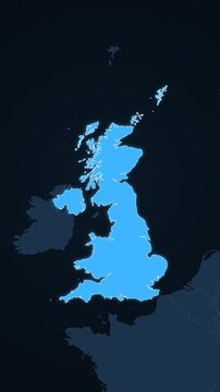 United Kingdom highlighted on a map of Europe with glow vertical video