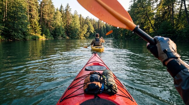 first person point of view kayaking on a calm river surrounded by forest