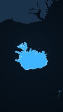 Iceland highlighted on a map of Europe with glow vertical video