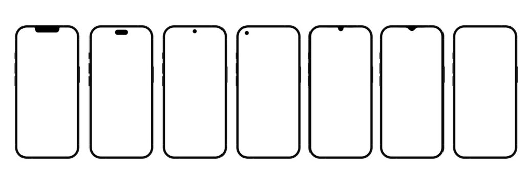 Phone mockup collection different camera notch design. realistic smartphone vector mockup set isolated on transparent background	