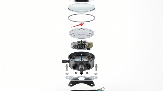 Automotive temperature gauge assembly exploded view showing internal components and mechanical parts isolated on white