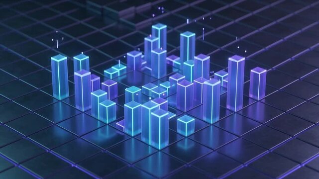 Futuristic 3D data visualization chart glowing blue and purple, digital analytics city graph background for business presentation