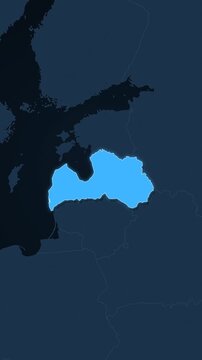 Latvia highlighted on a map of Europe with glow vertical video