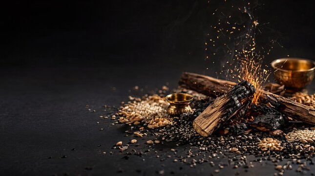 Lohri festival composition with charred wood embers incense seeds and glowing golden grains texture