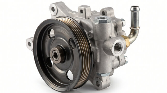 Automotive Power Steering Pump with Pulley Isolated on White Background for Vehicle Repair and Maintenance Parts