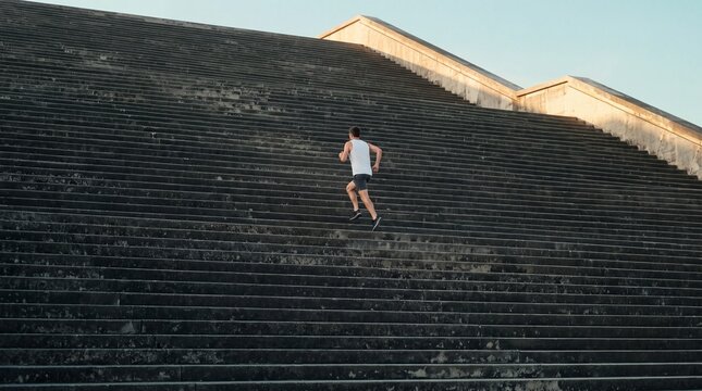 athletic man running up a steep outdoor stone staircase during workout