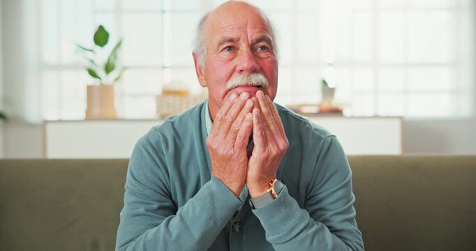 Frustrated, old man and grief at house with stress, anxiety and emotional distress for past mistake. Thinking, despair and senior person with depression, personal reflection and mourning loss on sofa