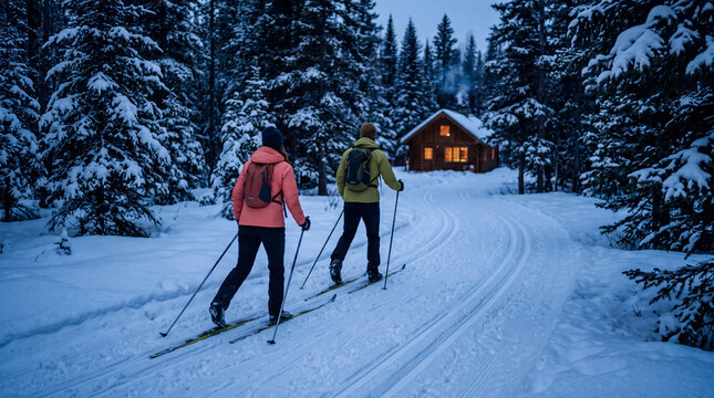 two cross country skiers skiing towards a cozy wooden cabin in snowy winter forest