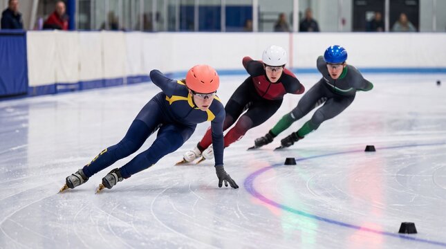 short track speed skaters in tight turn leaning close to the ice during race