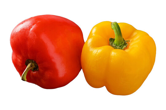 Fresh red and yellow bell peppers with green stems on white background pepper raw food cooking ingredient vegetable photography plant based whole colorful kitchen stap