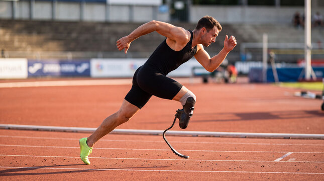 male paralympic sprinter with running blade prosthesis exploding off the start track