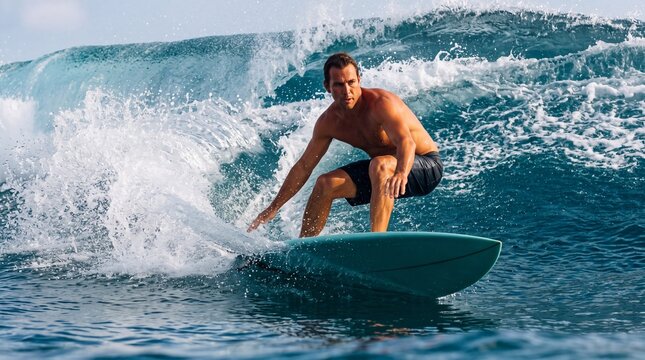 shirtless male surfer riding down the face of a clean breaking ocean wave