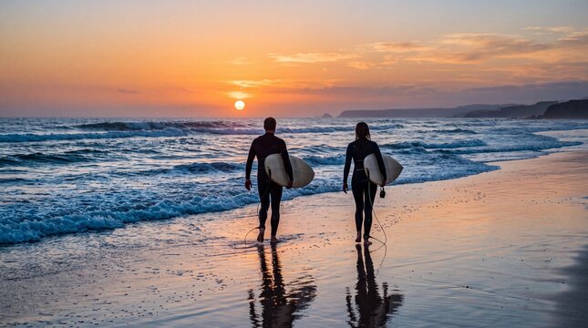 two surfers carrying boards walking along the beach shore at golden sunset