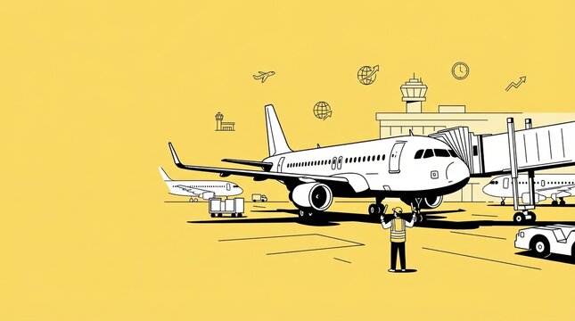 Commercial passenger airplane viewed from a practical ground-level angle beside an airport terminal, with a ground crew member emphasizing aircraft scale.