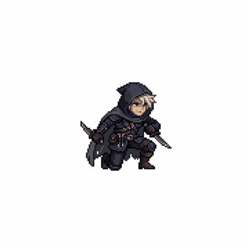 Pixel art of hooded rogue assassin character crouching with dual daggers wearing black cloak armor blonde hair stealth thief fantasy game asset