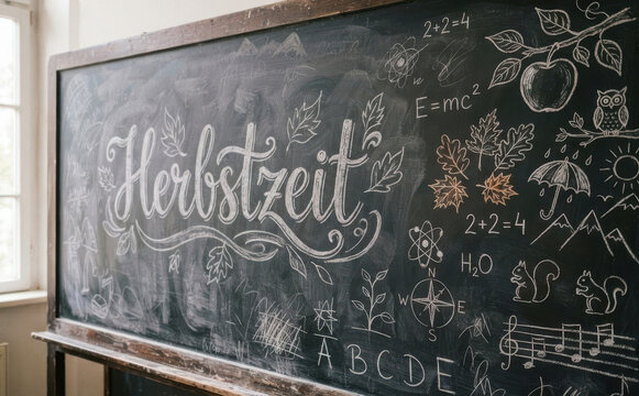 Herbstzeit Schultafel mit Kreidezeichnung und Schullogo fuer Bildung und Herbst