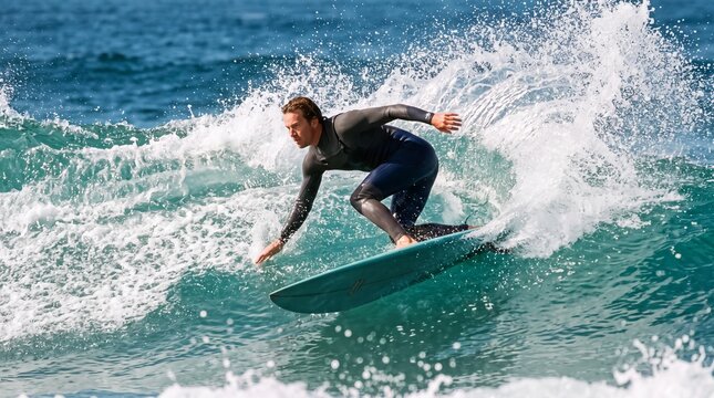 male surfer wearing wetsuit carving across a curling ocean wave