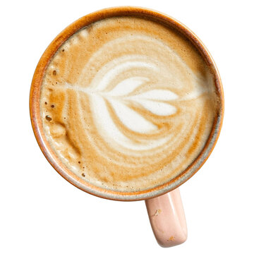 Top view of a latte coffee cup featuring intricate foam art hot drink milk shop morning heart shape ceramic mug white background studio lighting food photography espresso