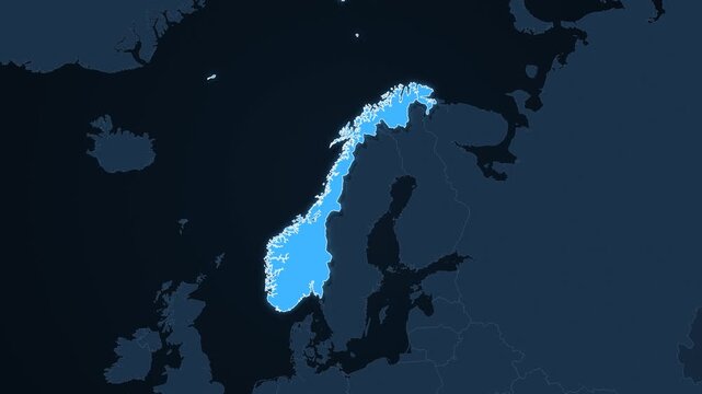 Norway highlighted on a map of Europe with glow