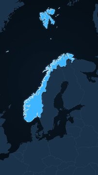 Norway highlighted on a map of Europe with glow vertical video