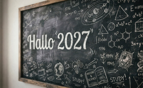 Hallo 2027 Schultafel mit mathematischen Formeln und wissenschaftlichen Zeichnungen zum Schulanfang
