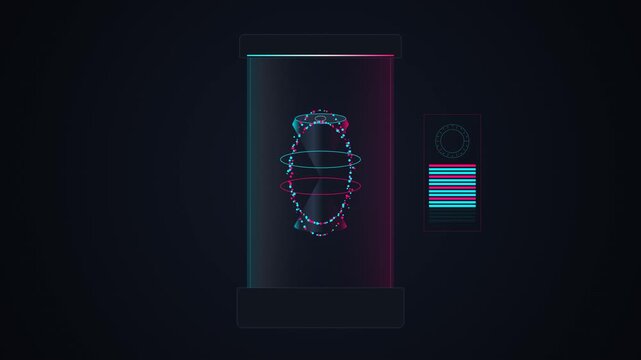 Futuristic product motion graphics of a neon energy vending chamber with a double helix particle vortex, solidifying an energy drink can, and an iris shutter front dispensing mechanism.