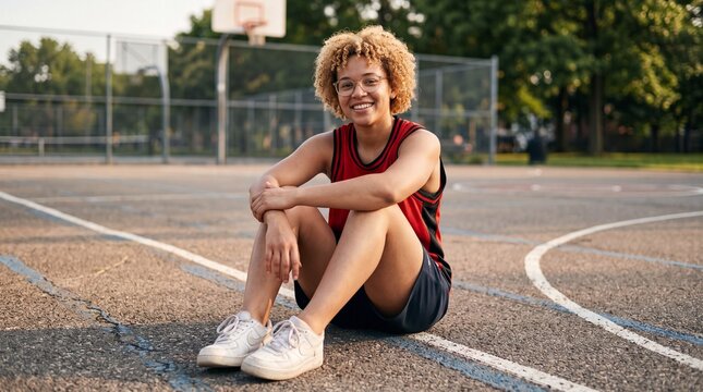 smiling young woman sitting on outdoor basketball court pavement