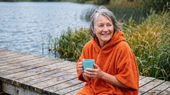 senior woman in warm robe holding mug and resting on wooden lake jetty