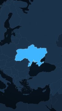 Ukraine highlighted on a map of Europe with glow vertical video