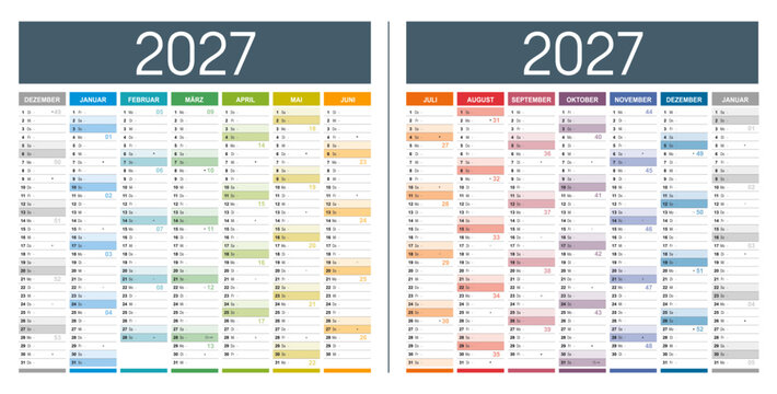 Kalender 2027 Deutsch gro&szlig;format, jahresplaner horizontal vektor mit Kalenderwochen