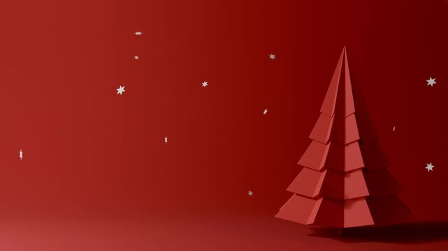 Red folded paper Christmas tree with falling paper snowflakes loop
