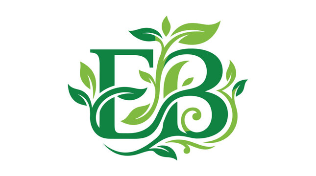 Monogram EB letter logo design template with green leaves nature flourish vines organic botanical identity concept vector illustration artwork.   