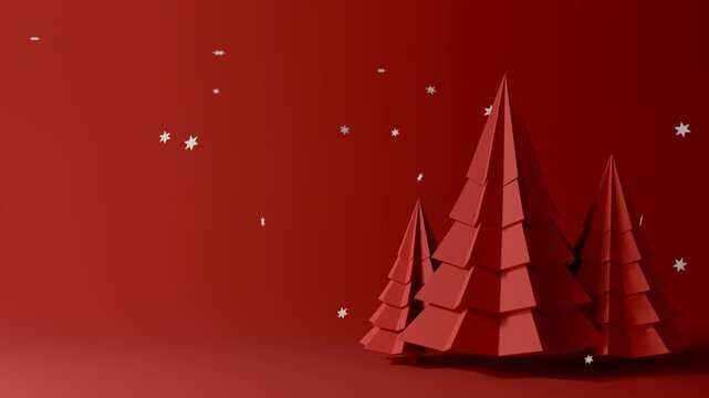 Group of red paper Christmas trees with falling paper snowflakes loop