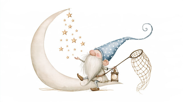 Adorable cute fairytale Scandinavian gnome holding a net with a net, catching stars, moon, on a white background, flat design illustration