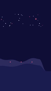 Seamless 4K looping vertical winter holiday animation: night sky over hills shimmer. Flat vector shapes in deep blue on a dark background with generous copy space for your own greeting or title. Verti