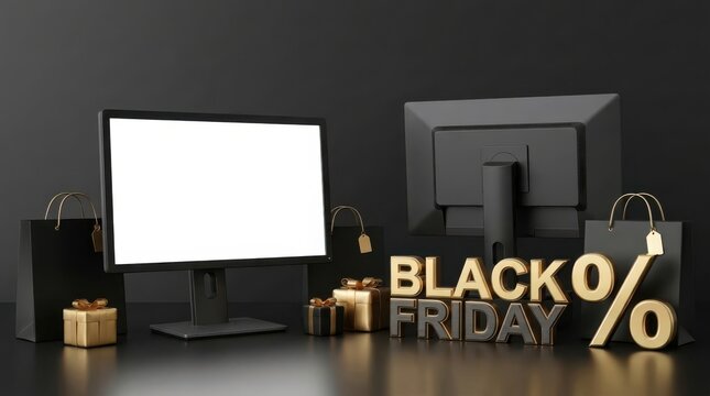 Black friday sale concept with computer monitor, shopping bags, and gift boxes on a dark background