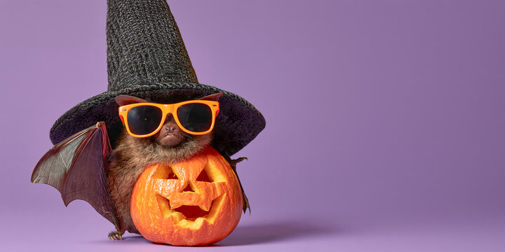 happy halloween concept holiday funny animal greeting card - Cool bat with sunglasses, witch hat and pumpkin, isolated on purple background
