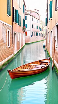 Empty traditional wooden boat floating gently on a calm green canal between colorful old waterside buildings, European style old town, horizontal