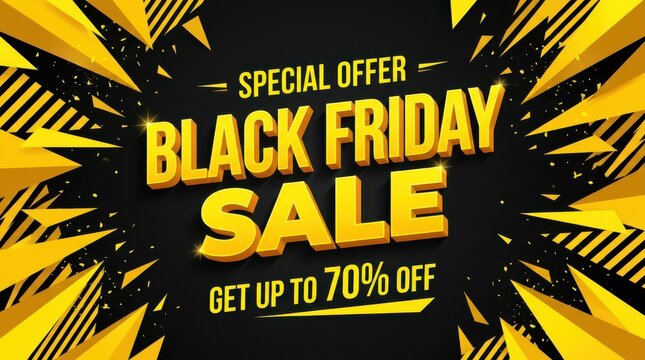 Black friday sale banner with bold yellow 3d text, special offer up to 70 percent off, and abstract geometric shapes on a dark background