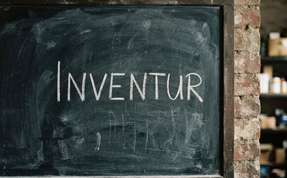 Inventur - Wirtschaft und Buchhaltung Konzept auf Tafel geschrieben f&uuml;r Gesch&auml;ft und Lagerhaltung