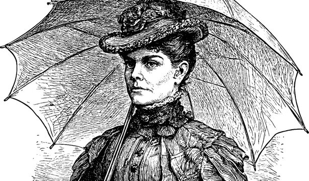 Close up victorian engraved portrait of a determined lady with parasol isolated for vintage background and poster design