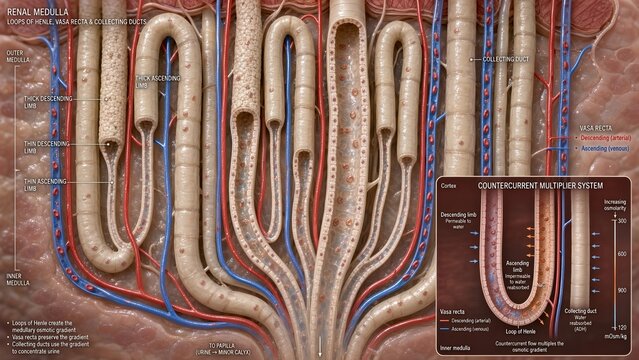 3d medical illustration of kidney medulla model showing loops of henle, vasa recta blood vessels, collecting ducts, and zoomed countercurrent multiplier system inset