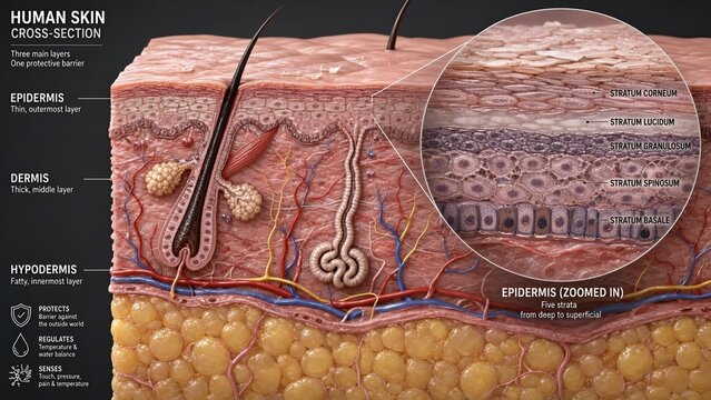 3d medical illustration of skin model cross section showing epidermis, dermis, hypodermis, and zoomed circular inset of five epidermal strata from basale to corneum