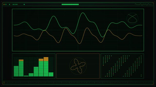 Original 1980s retro-futuristic data command center dashboard featuring CRT monitors, radar sweep, dynamic waveforms, equalizers, and analog gauges in phosphor green and vintage amber.