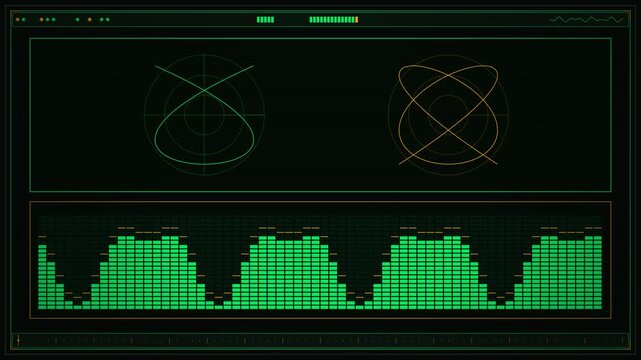 Original 1980s retro-futuristic mainframe terminal diagnostic featuring memory address visualizers, sweeping vectorscopes, frequency analyzers, and radial tachometers in phosphor green and amber.